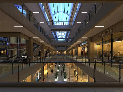 Shopping Mall Elevator Aisle With Glass Skylight Multiple Floors Escalators and Greenery 3d model