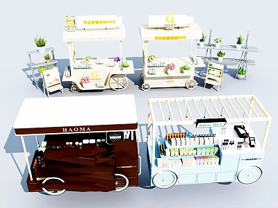 Mobile Functional Carts For Vending With Shelves Goods And Plant Decorations 3d model