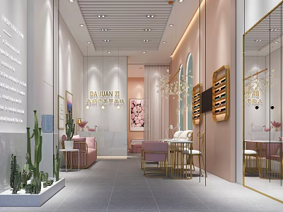 Elegant Modern Beauty Hair Salon Interior With Pink Furniture Mirrors Chandeliers And Green Plants 3d model