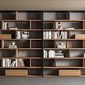 Modern Home Interior Wooden Bookcase With Multiple Shelves Books Decorations And Storage Boxes
