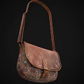 Vintage Brown Leather Satchel With Colorful Intricate Pattern And Adjustable Shoulder Strap