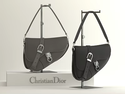 Christian Dior Saddle Style Handbags in Gray and Black with Metal Buckles on Display Stands 3d model