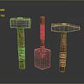 Three Ancient Weapons With Wooden Handles Shovel Shaped Metal Heads And Red Wraps