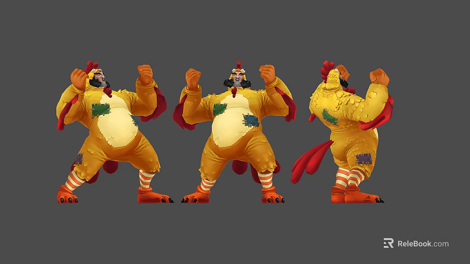 Three People Wearing Yellow Red Cartoon Mascot Costumes Raising Fists Posing 3d model 