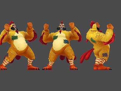 Three People Wearing Yellow Red Cartoon Mascot Costumes Raising Fists Posing 3d model