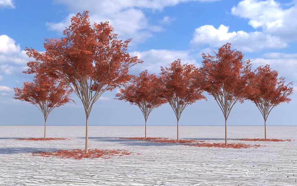 Red Leaf Tree Plant Combination With Blue Sky White Clouds White Ground And Fallen Leaves 3d model 
