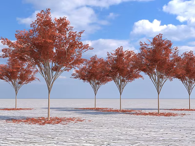 Red Leaf Tree Plant Combination With Blue Sky White Clouds White Ground And Fallen Leaves 3d model