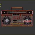Vintage Computer Audio Boombox Featuring Retro Design Red Stickers And Brown Handle