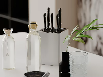 Stylish Kitchen Tabletop With Glass Bottles Knife Set Green Plant And Glass Cup 3d model