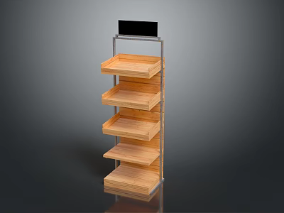 Daily Necessities Display Stand With Multiple Wooden Shelves Metal Frame And Top Signboard 3d model