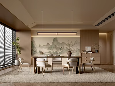 Restaurant-Ji Feng Restaurant Dining Table and Chair Combination Sideboard Chandelier Green Plant Decoration 3d model