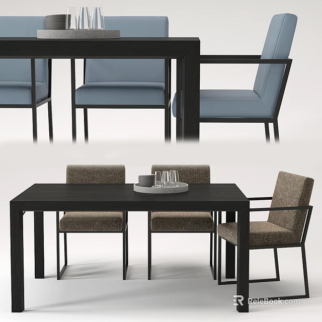 Modern Black Dining Table Set With Upholstered Chairs And Modern Design 3d model