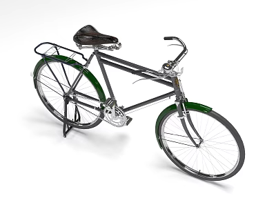 Vintage Bicycle with Green Fenders Black Frame Brown Saddle and Rear Rack 3d model