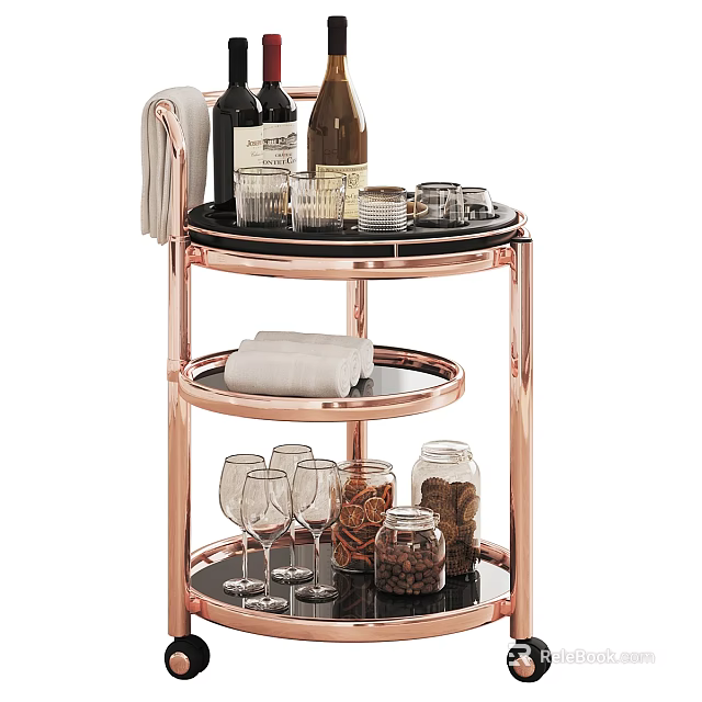 Three Tier Rose Gold Frame Desk with Black Trays Wine Bottles Glasses Jars Towels 3d model 