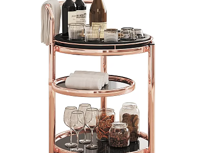 Three Tier Rose Gold Frame Desk with Black Trays Wine Bottles Glasses Jars Towels 3d model