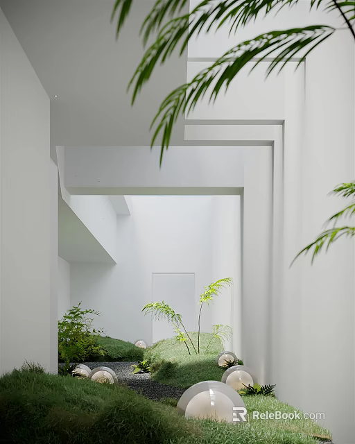 Modern Garden Landscape With White Architectural Elements Green Plants And Natural Lighting 3d model 