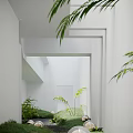 Modern Garden Landscape With White Architectural Elements Green Plants And Natural Lighting