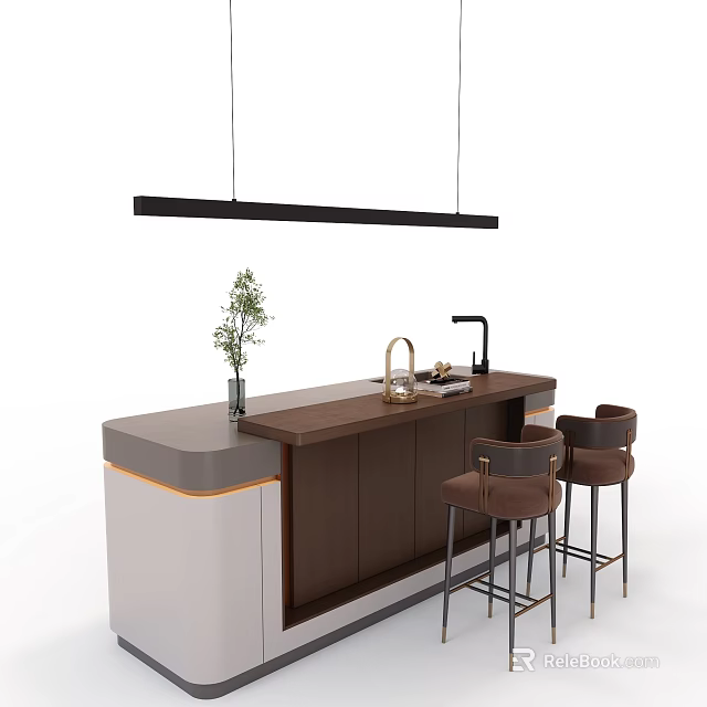 Modern Kitchen Island With Dark Countertop Bar Stools And Hanging Light 3d model 