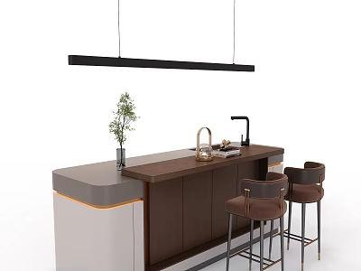 Modern Kitchen Island With Dark Countertop Bar Stools And Hanging Light 3d model