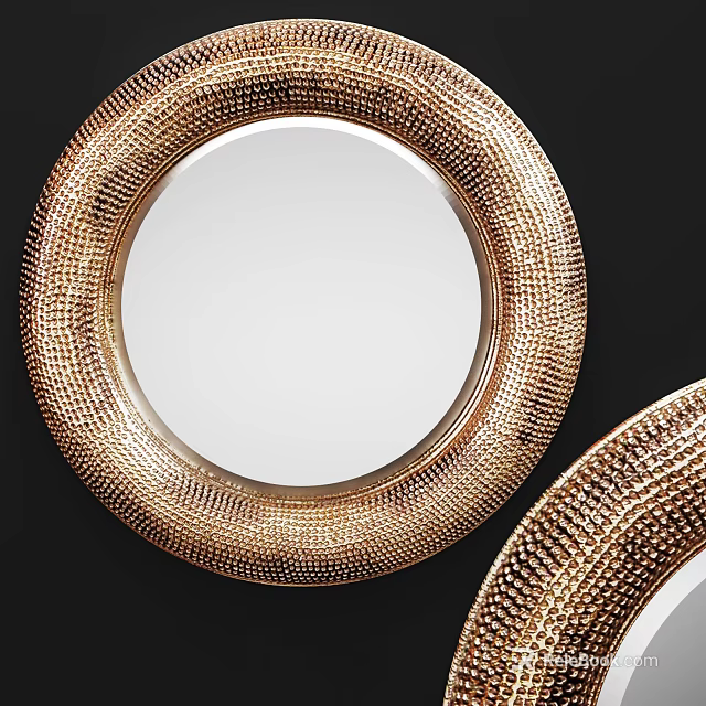 Golden Round Mirrors With Textured Woven Frame Design On Black Background 3d model 
