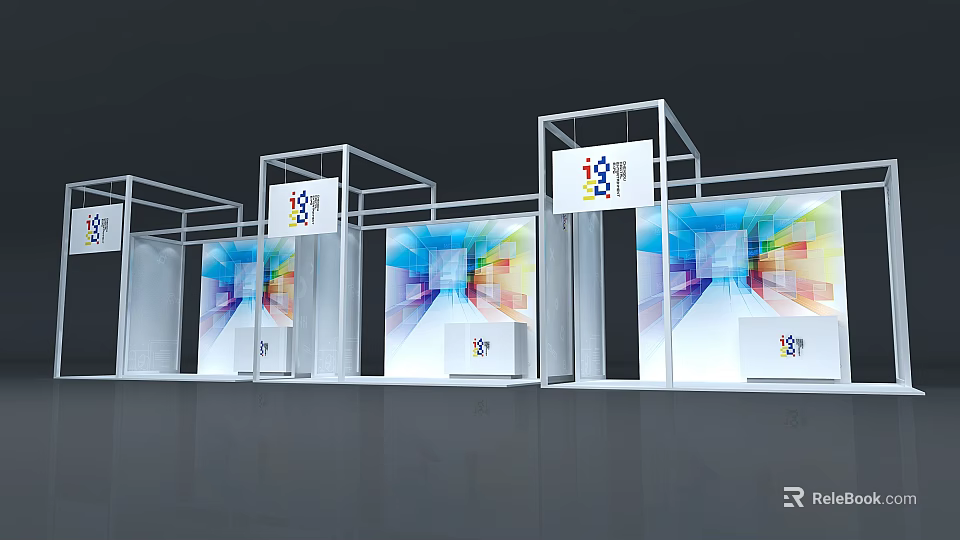 Modern Exhibition Booths With White Frame And Colorful Background Logo Design 3d model 