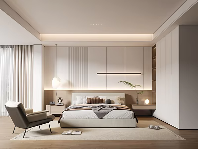 Modern Bedroom Interior With Bed Nightstand Bedside Lamp Curtains Wardrobe And Rug 3d model