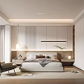 Modern Bedroom Interior With Bed Nightstand Bedside Lamp Curtains Wardrobe And Rug