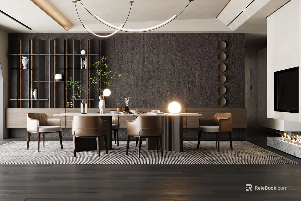 Modern Restaurant Interior With Round Dining Table Chairs Chandelier Wall Decor And Plants Lighting 3d model 