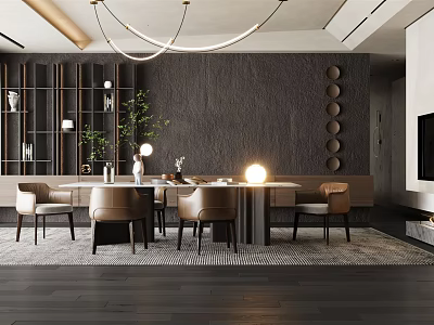 Modern Restaurant Interior With Round Dining Table Chairs Chandelier Wall Decor And Plants Lighting 3d model