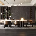 Modern Restaurant Interior With Round Dining Table Chairs Chandelier Wall Decor And Plants Lighting
