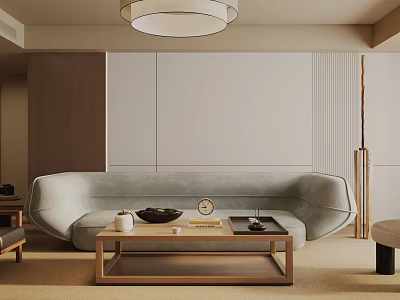 Modern Living Room Interior Design With Curved Gray Sofa Wooden Coffee Table And Ceiling Lamp 3d model