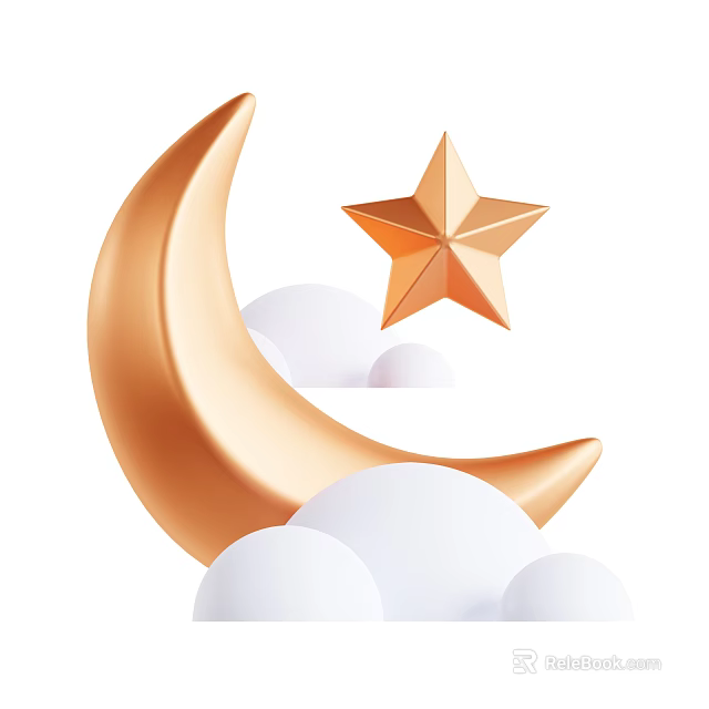 Elegant Decorative Ornament Set with Golden Moon Star and White Clouds 3d model 