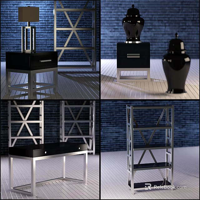 Modern Minimalist Bedside Table With Silver Metal Frame And Black Drawer Top 3d model 