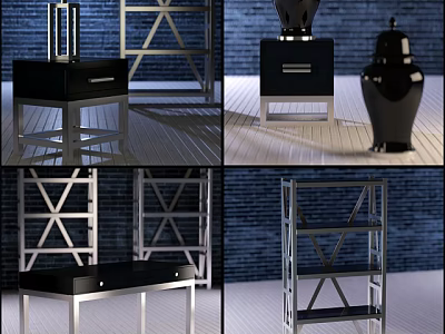 Modern Minimalist Bedside Table With Silver Metal Frame And Black Drawer Top 3d model