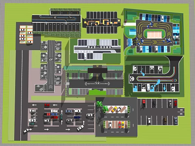 Campus Site Layout With Multiple Parking Areas Buildings Sports Field And Green Spaces 3d model