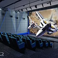 Modern Cinema Interior With Blue Seats Staircase Arrangement Gray Walls And Blue Lighting