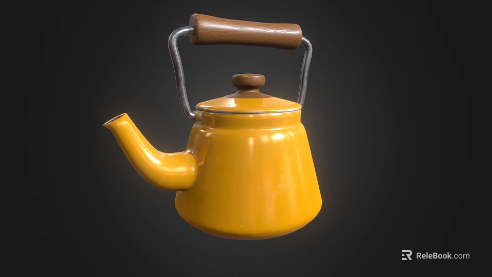 Shiny Yellow Teapot Featuring Wooden Handle And Metal Frame For Home Tea Brewing 3d model 
