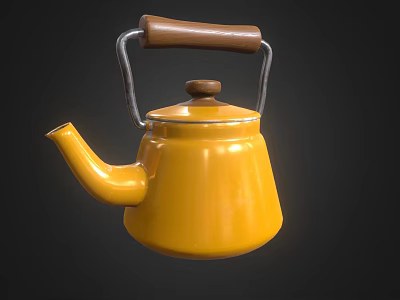 Shiny Yellow Teapot Featuring Wooden Handle And Metal Frame For Home Tea Brewing 3d model