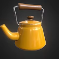 Shiny Yellow Teapot Featuring Wooden Handle And Metal Frame For Home Tea Brewing