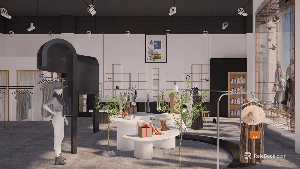 Stylish Clothing Store Interior With Mannequins Clothing Racks Round Display Tables And Plants 3d model 