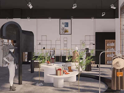 Stylish Clothing Store Interior With Mannequins Clothing Racks Round Display Tables And Plants 3d model