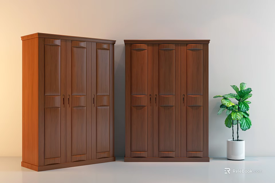 Two Modern Wooden Wardrobes With Simple Design And Green Plant In White Pot 3d model 