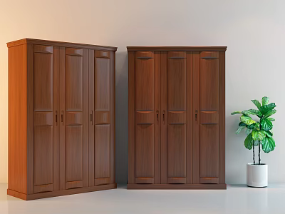 Two Modern Wooden Wardrobes With Simple Design And Green Plant In White Pot 3d model