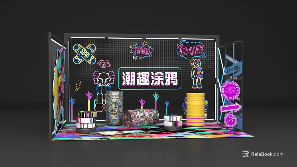 Trendy Fun Graffiti Photo Spot with Neon Lights and Colorful Decorations 3d model 