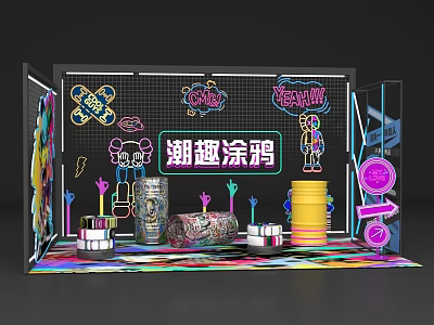 Trendy Fun Graffiti Photo Spot with Neon Lights and Colorful Decorations 3d model