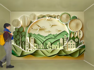 Paper Art Style Photo Spot With Landscape Buildings Balloons 3d model