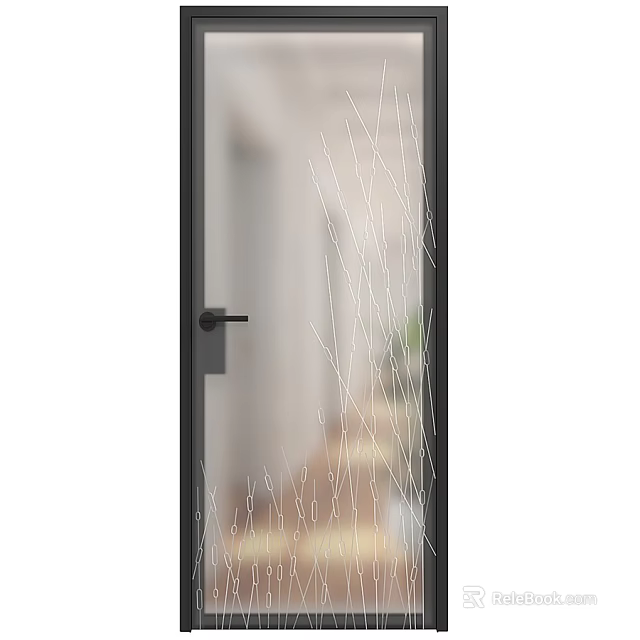 Modern Swing Door With Glass Panel Black Frame And White Line Patterns 3d model 