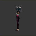 Game Movie Character with Pink Hair Mask Holding Long Red White Striped Weapon Arms Outstretched