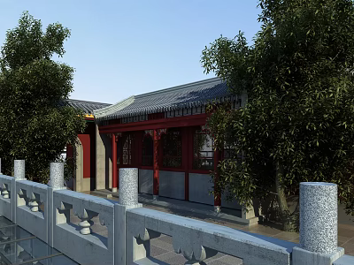 Ancient Chinese Architecture With Gray Tiled Roof Red Doors Windows Surrounding Trees And Stone Balustrade 3d model