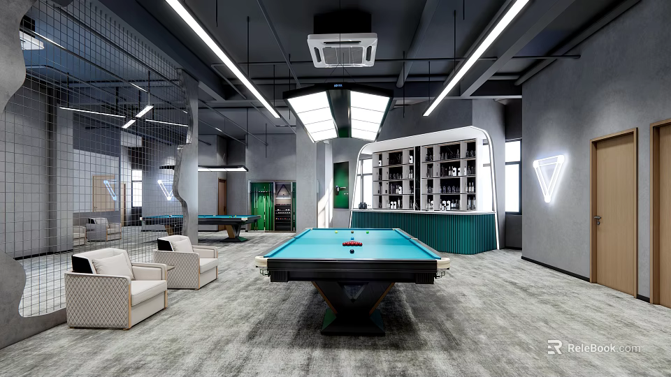 Modern Billiard Room Interior Design With Green Pool Table Lighting And Comfortable Seating 3d model 